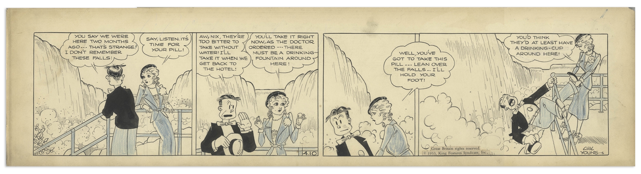 Chic Young Hand-Drawn ''Blondie'' Comic Strip From 1933 Titled ''As Dry as the Sahara'' -- Dagwood's Amnesia Is in Full Force as He and Blondie Visit Niagara Falls